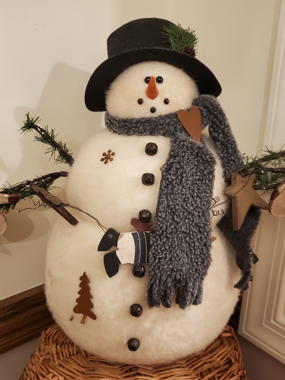 Handmade White Snowman Holiday Decor with Gray Scarf